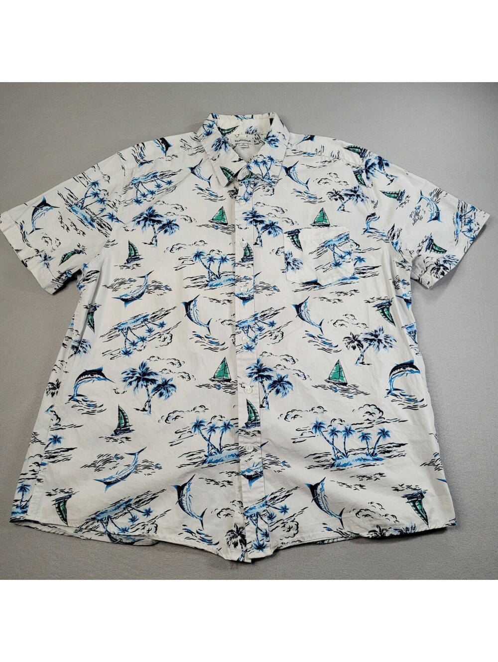 Haggar Men's XL Hawaiian Cotton Blend Short Sleeve Button Up Tropical Marlin